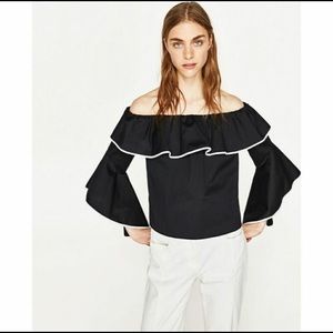 Zara Black with white trim off shoulder ruffle top NWT size small